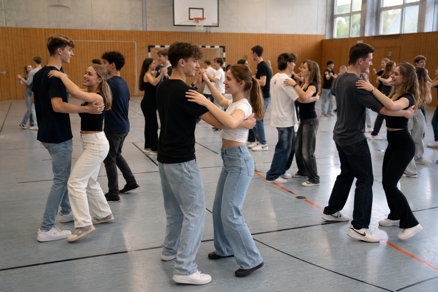 Junge Tanzschüler in Alltagskleidung üben Paartanz in einem hellen Saal