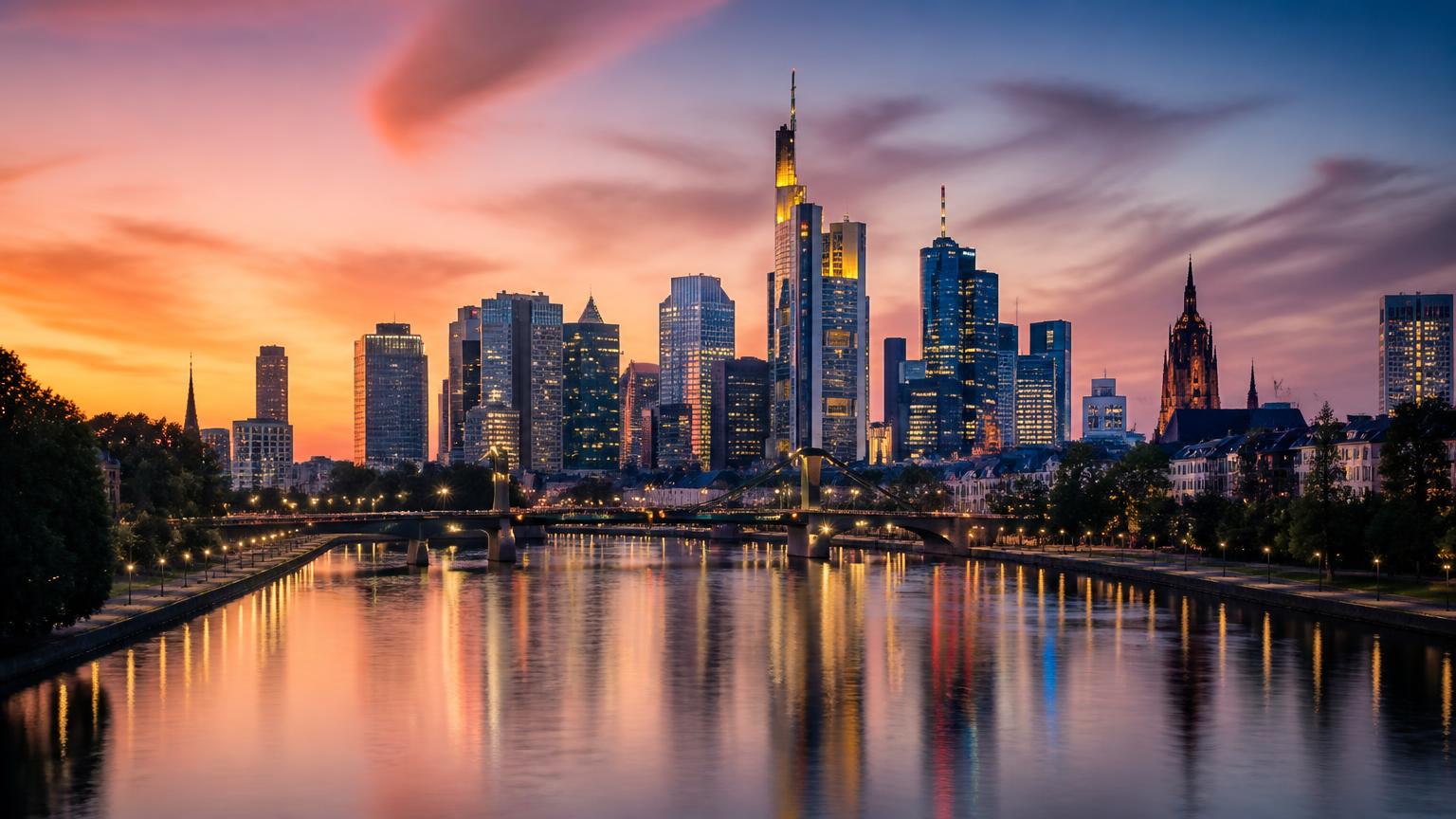Frankfurter Skyline am Main im Abendlicht