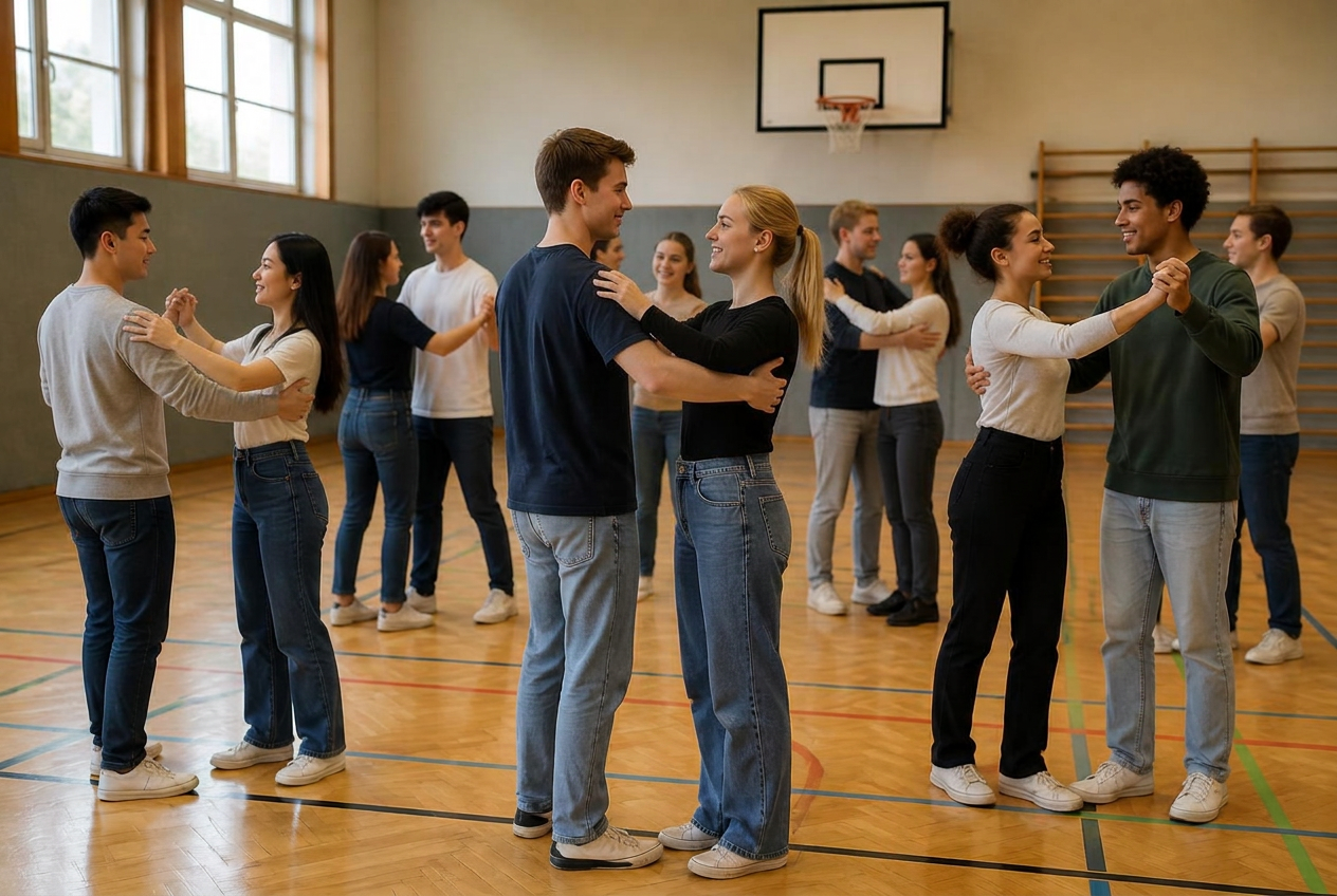 Abschlussklasse übt Paartanz mit den Berliner Tanzlehrern in einer hellen Schulturnhalle