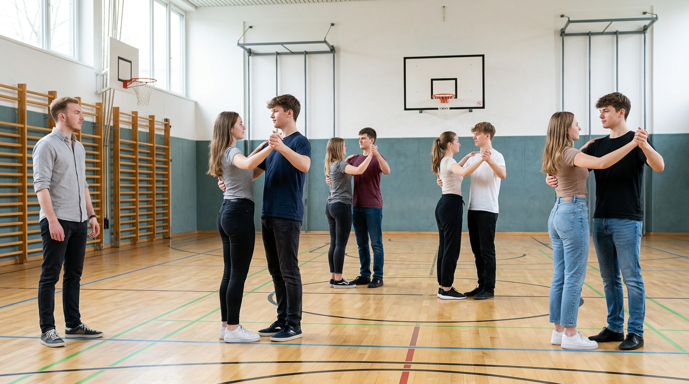 Abschlussklasse aus Düsseldorf übt Paartanz mit Tanzlehrer David in einer hellen Schulturnhalle