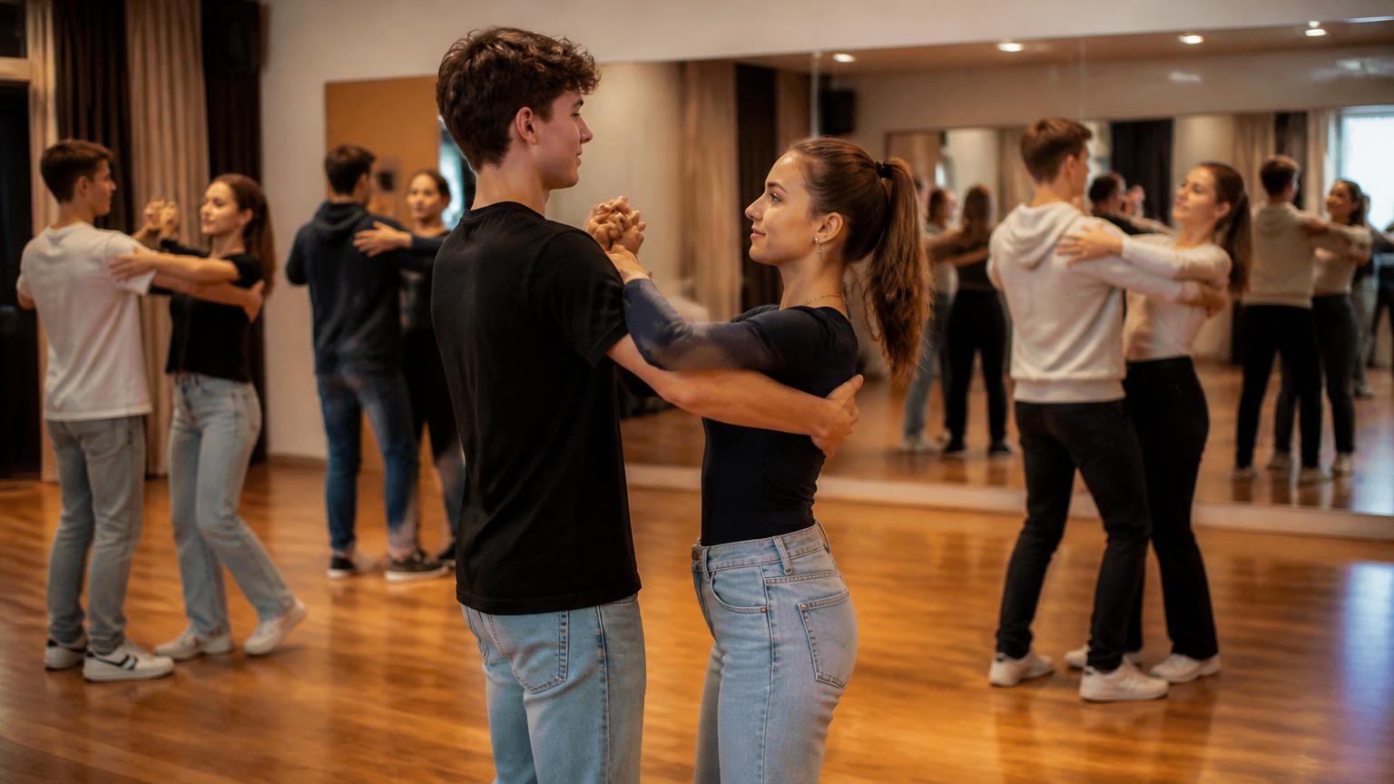 Junge Paare in Alltagskleidung tanzen Standard in einem Tanzsaal in Düsseldorf