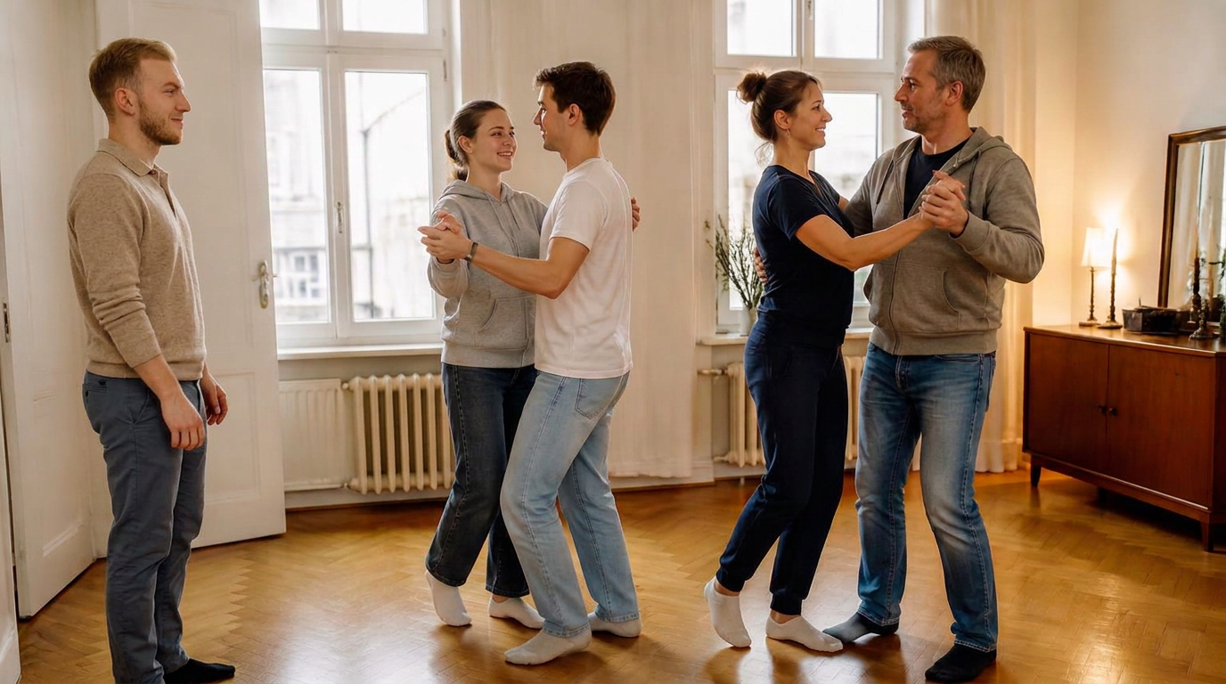 Eltern und Abiturientin mit Partner tanzen mit Tanzlehrer David im Wohnzimmer