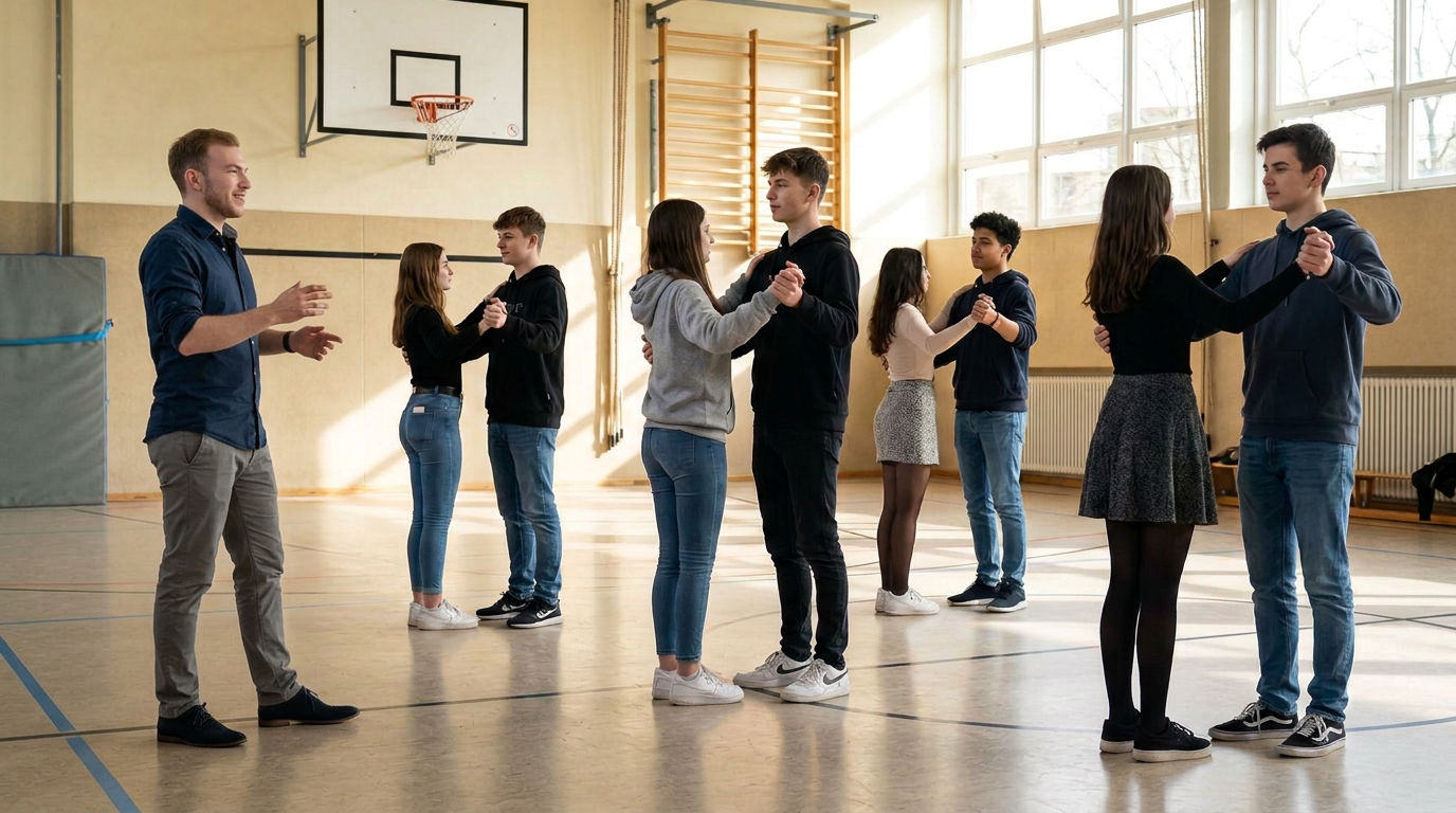 Abschlussklasse aus Duisburg übt Paartanz mit Tanzlehrer David in einer hellen Schulturnhalle
