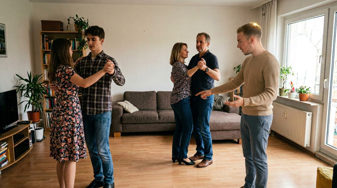 Eltern und Abiturient mit Tanzpartnerin üben mit Tanzlehrer David im Wohnzimmer