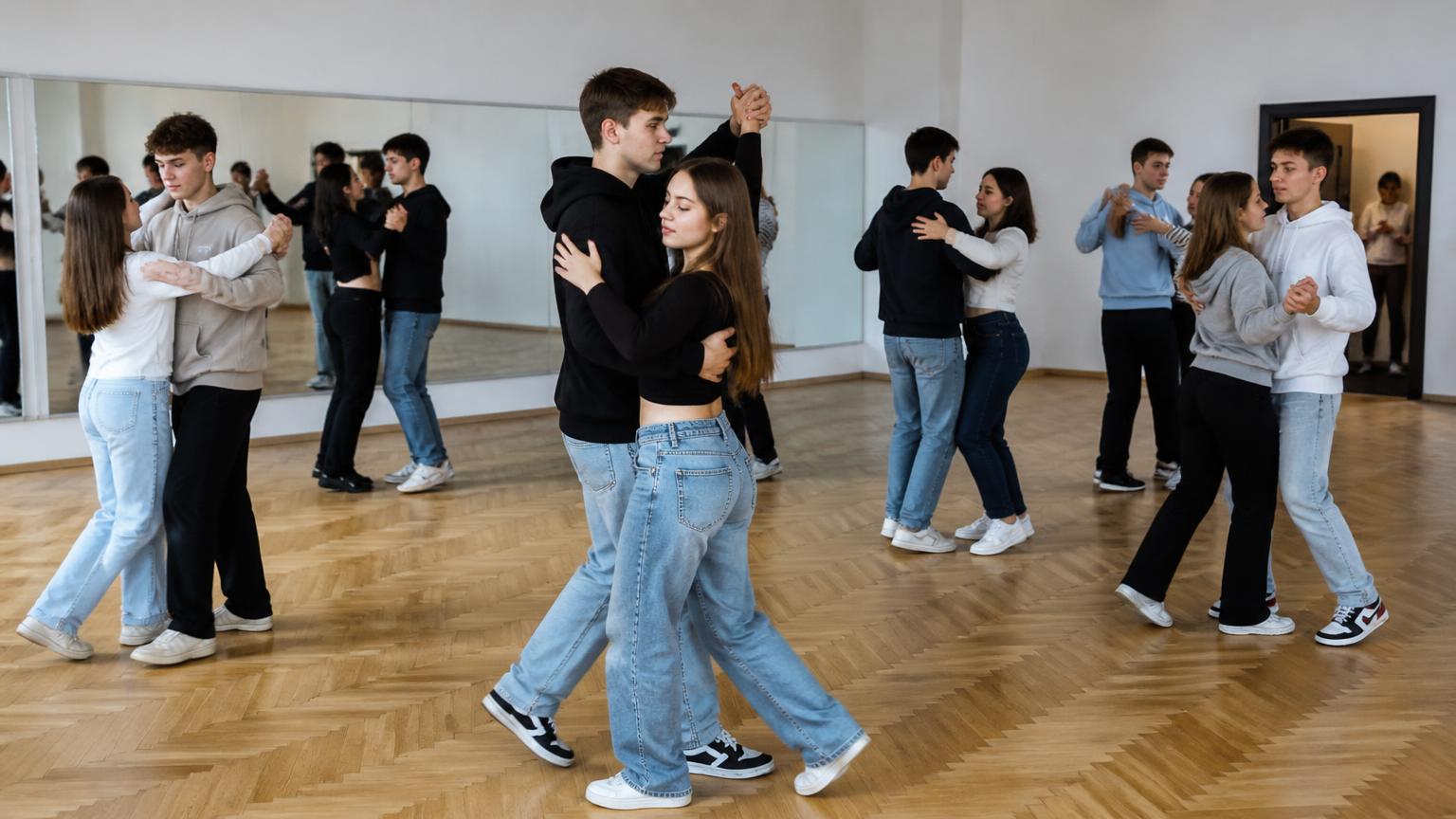 Junge Paare in Alltagskleidung tanzen Standard in einem schlichten Tanzsaal in Frankfurt