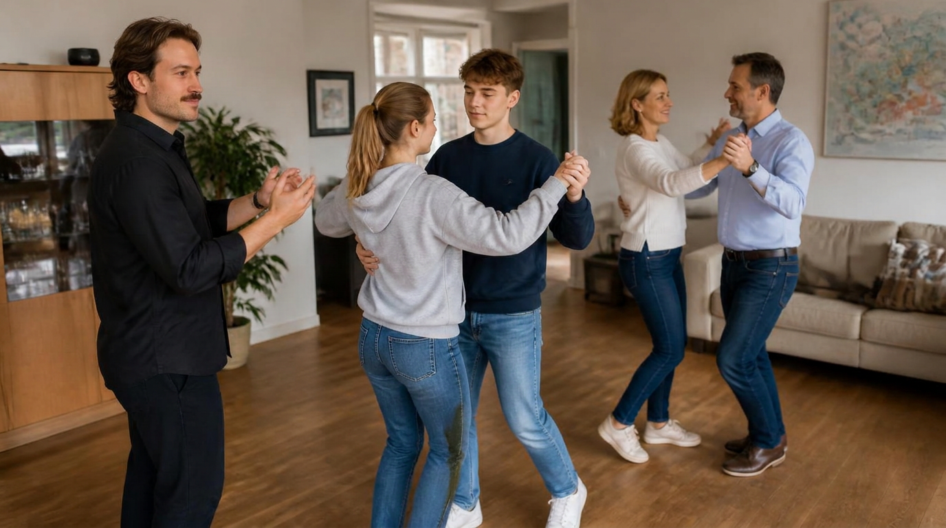 Eltern und Abiturientin mit Partner tanzen mit dem Tanzlehrer im Wohnzimmer