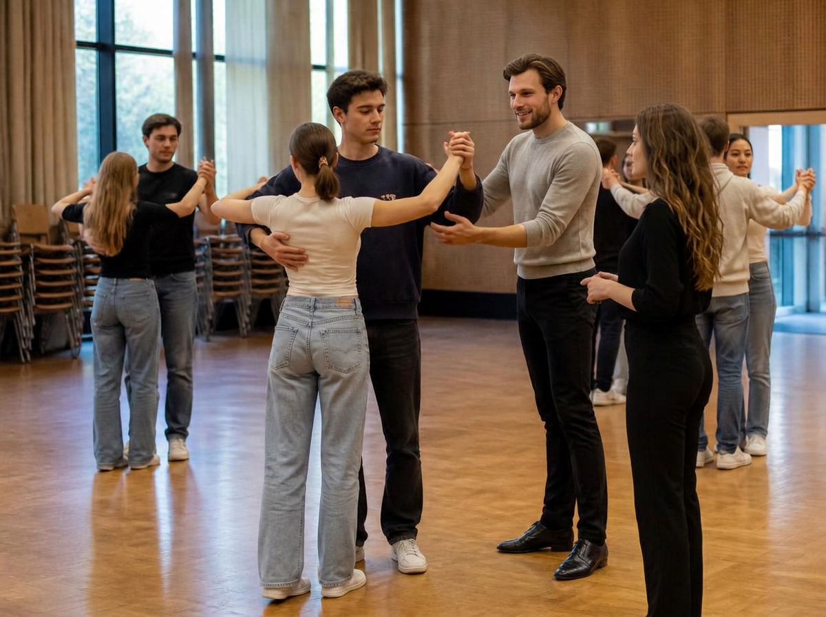 Abschlussklasse übt Paartanz mit den Tanzlehrern Philipp und Ema in der Aula einer Freiburger Schule