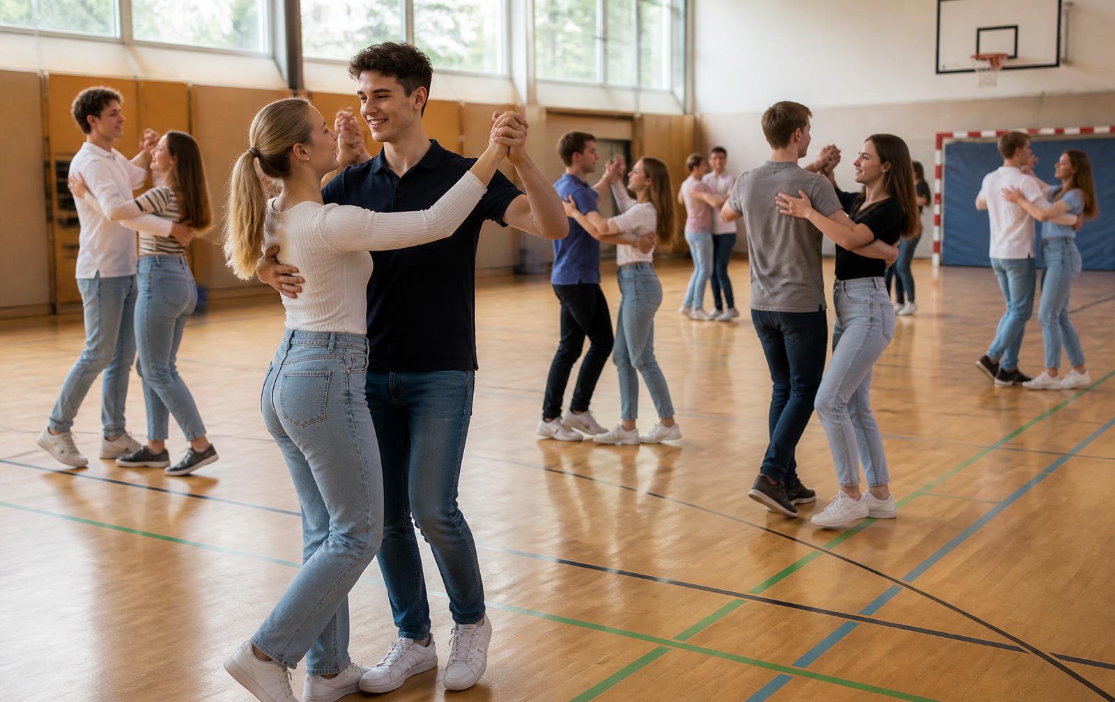 Abschlussklasse aus Hannover übt Paartanz mit Tanzlehrer Eugen in einer hellen Schulturnhalle