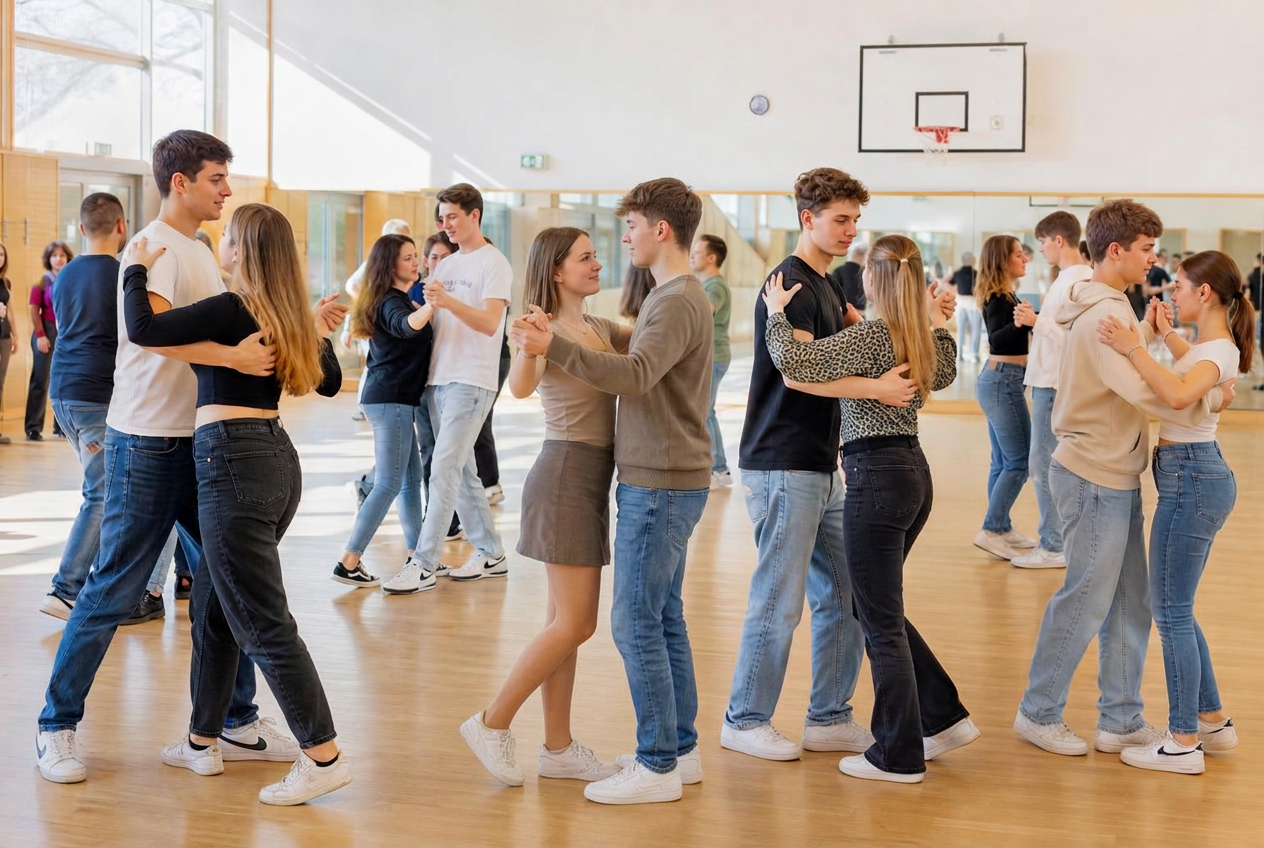 Abschlussklasse aus Karlsruhe übt Paartanz in einer hellen Schulturnhalle