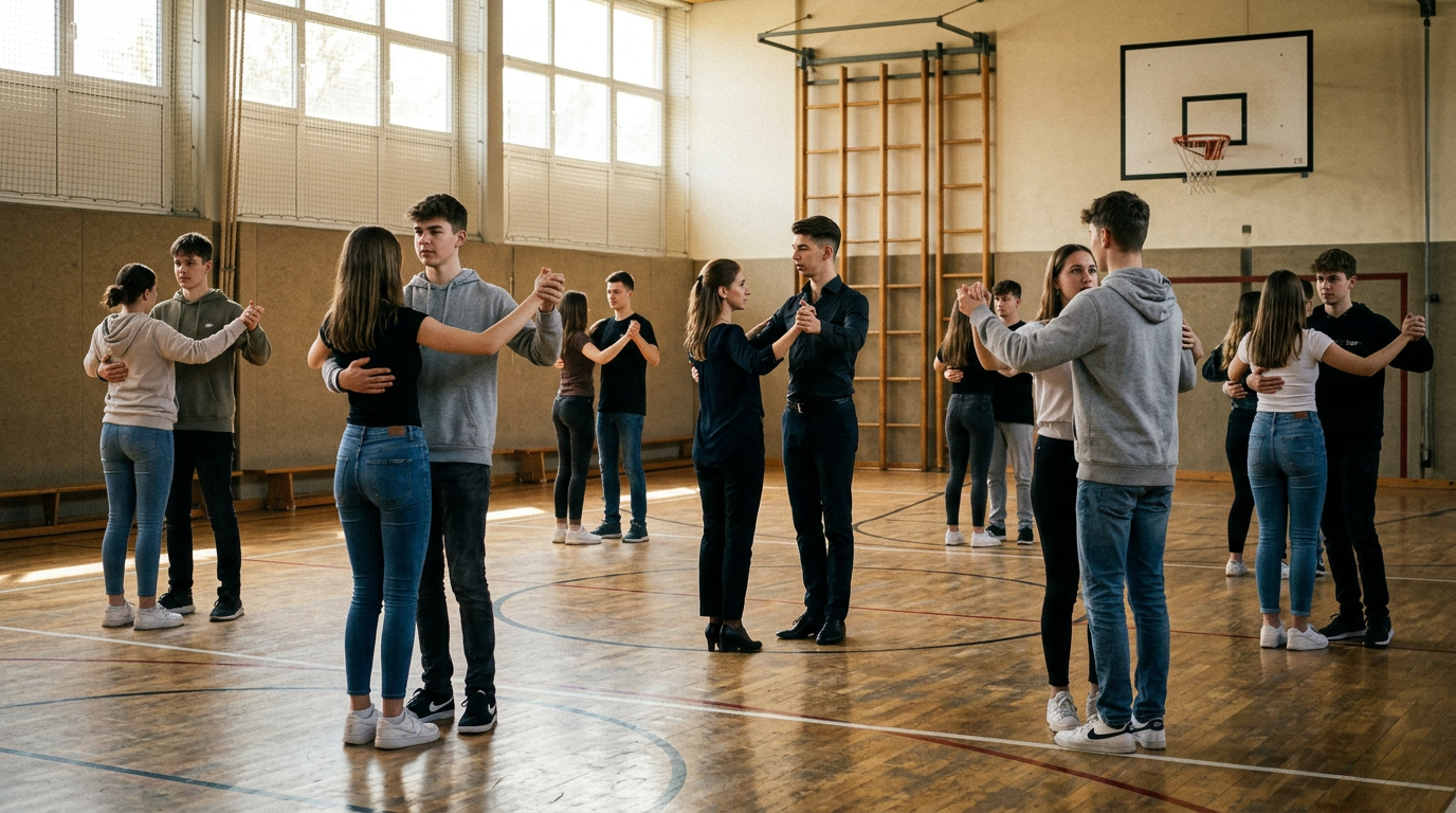 Die Tanzlehrer Celine und Cristian unterrichten eine Abschlussklasse beim Paartanz in einer Schulturnhalle in Landau in der Pfalz