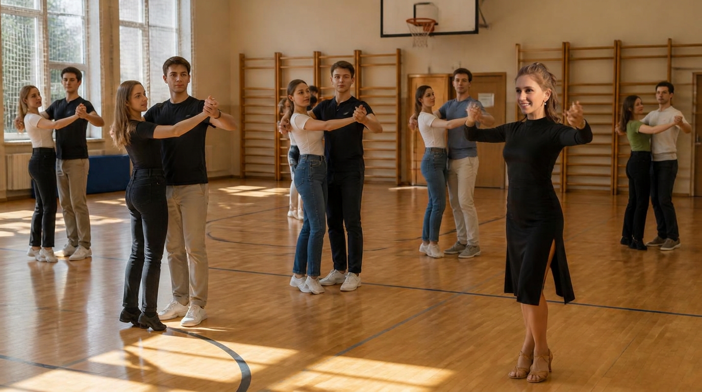 Abschlussklasse übt Paartanz in einer Schulturnhalle in Landau in der Pfalz