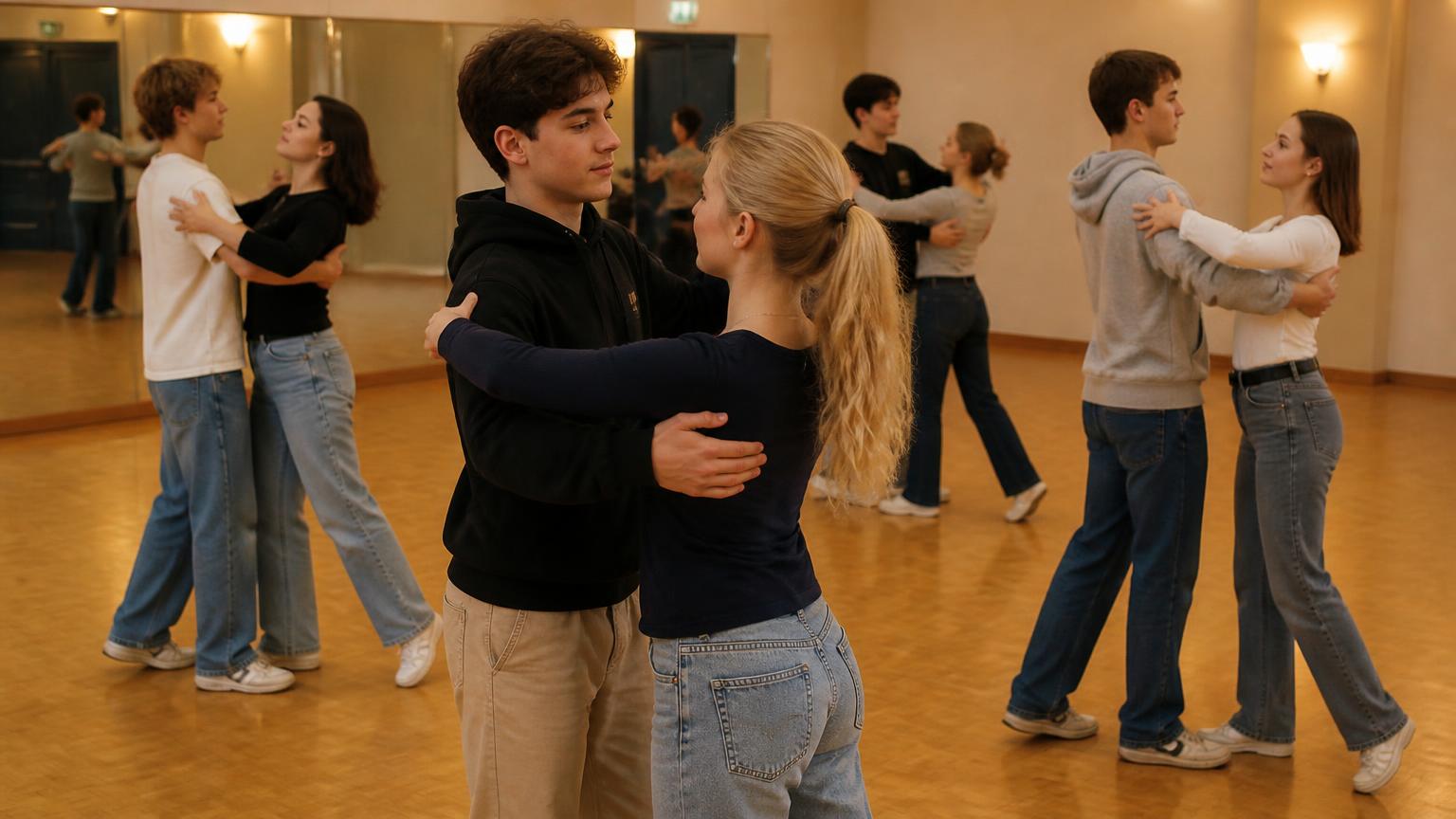 Junge Paare tanzen Standard in einem traditionellen Tanzsaal