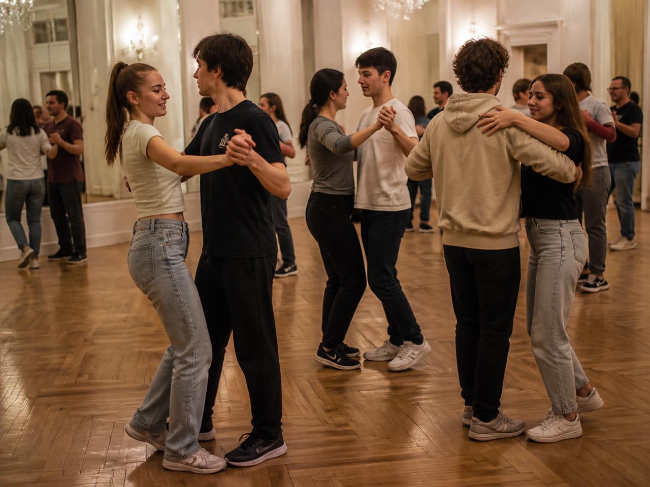 Abiturienten in Alltagskleidung beim Paartanzunterricht in einem eleganten Tanzschulsaal